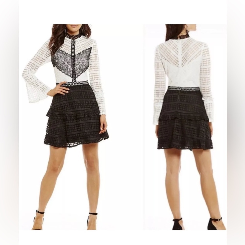 NWT Gianni Bini Lace Black & White Pleated Tiered Dress MSRP $139 Size Medium
